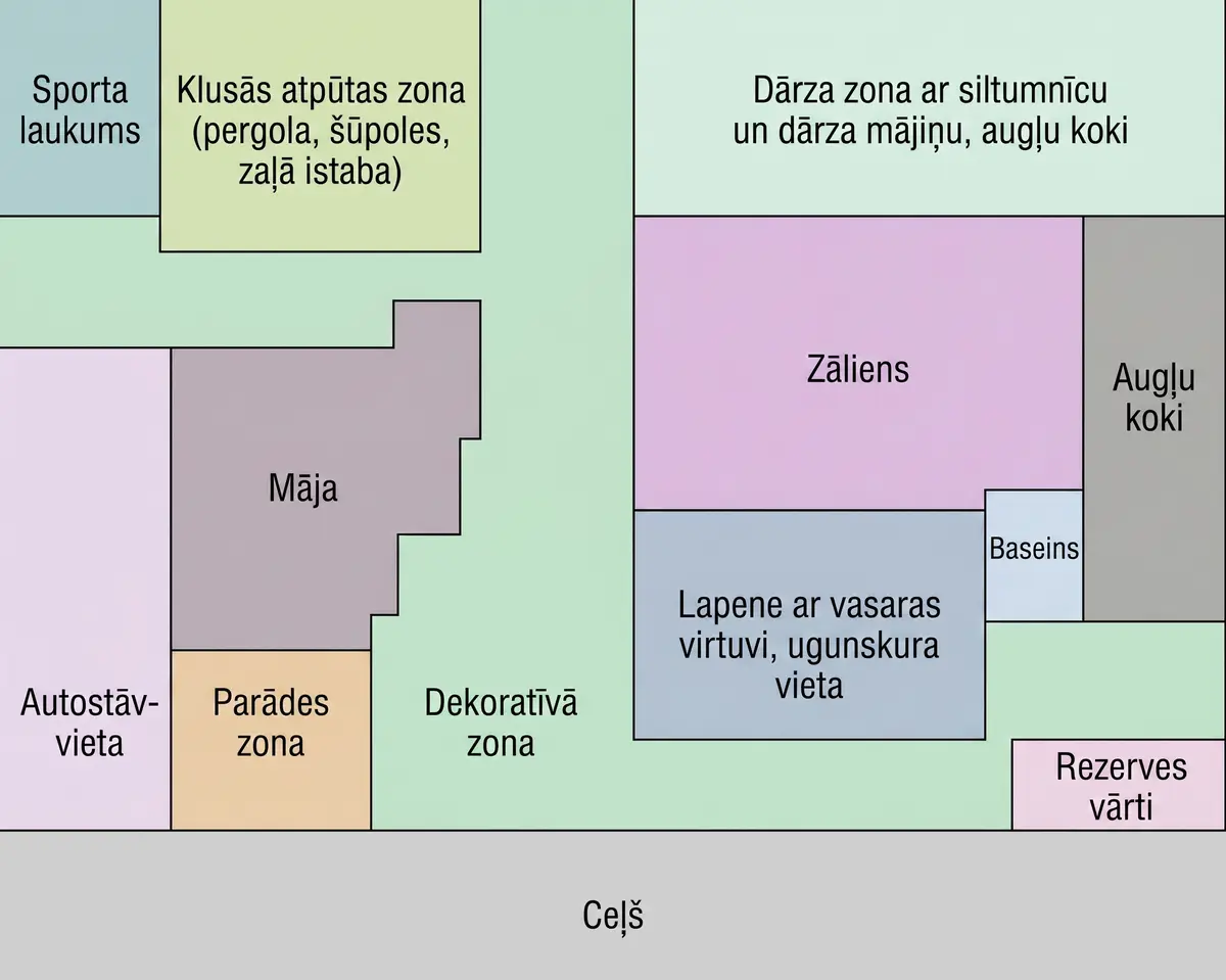 Zemesgabala funkcionālā zonējuma shēma: māja, zāliens, atpūtas, dārza un stāvvietas zonas