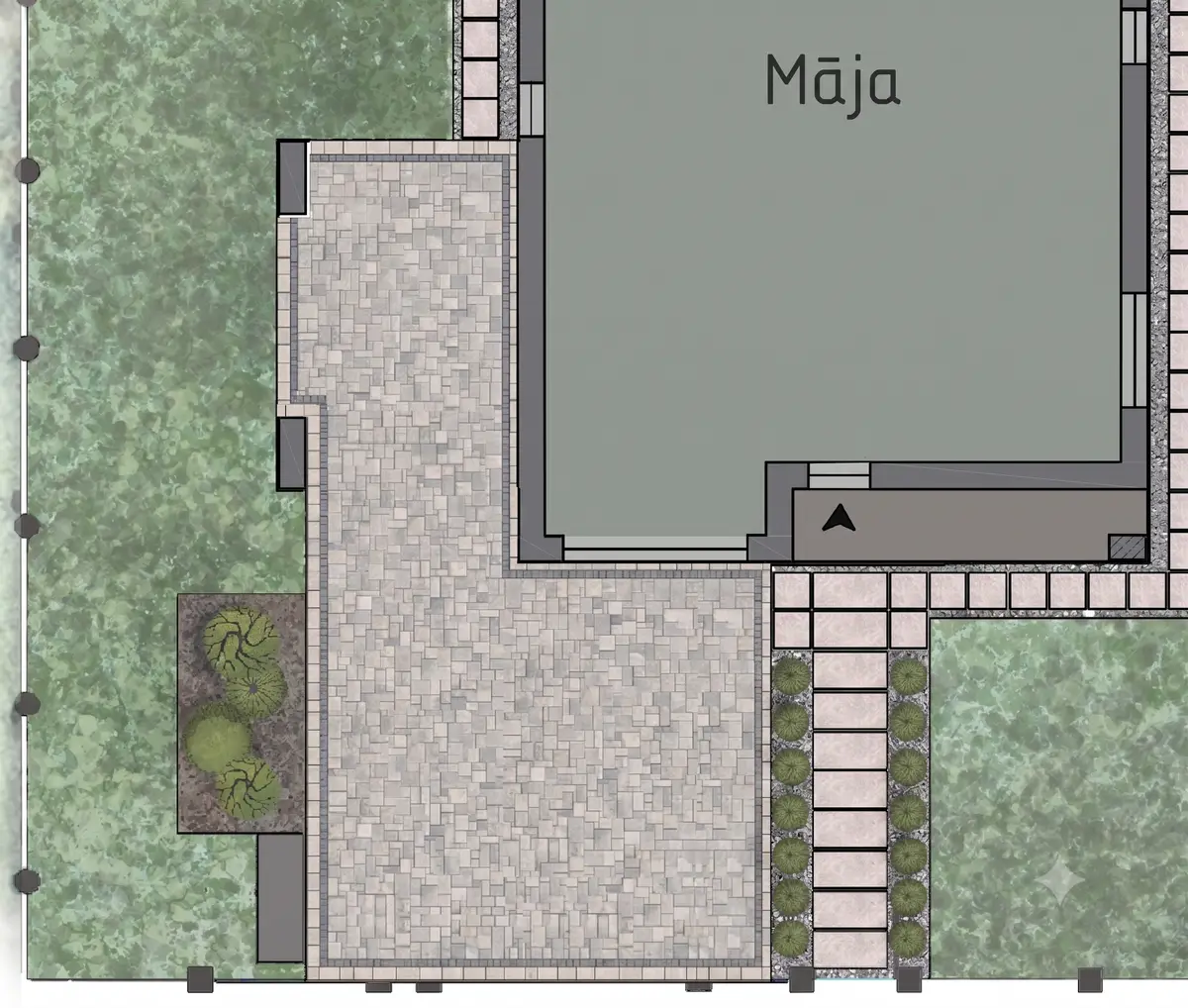 Zemesgabala plāna fragments Dreiliņos: stāvvietas zona un bruģējums pie mājas